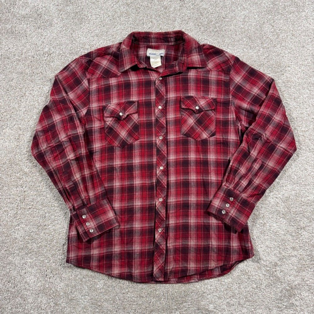 Wrangler Wrancher Mens Large Red Black Plaid Western Pearl Snap Shirt MTSC064